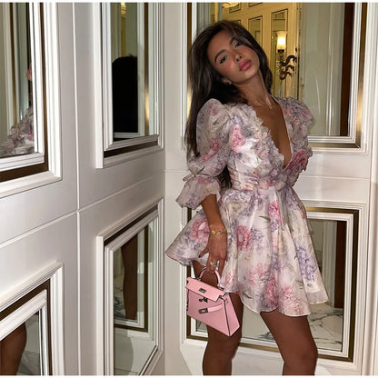 Women Tie-Dye Flower Deep V Neck Flare Sleeve Mini Dress