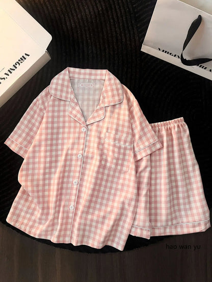 Japanese Minimalist Women's Pink Plaid Pajamas