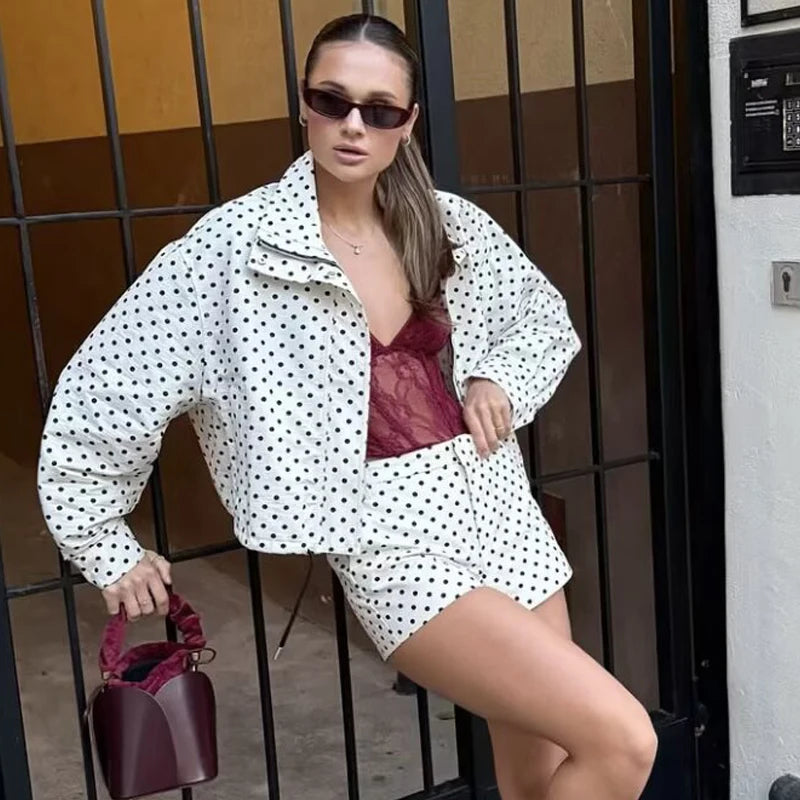 Polka Dot Bomber Jacket Women's Zip Up Crop Coat