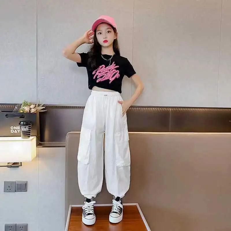 Girls Loose Cargo Pants with Belt for Daily Wear
