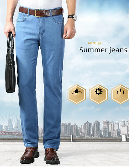 Men's Blue Straight Denim Jeans Lightweight Casual Trousers