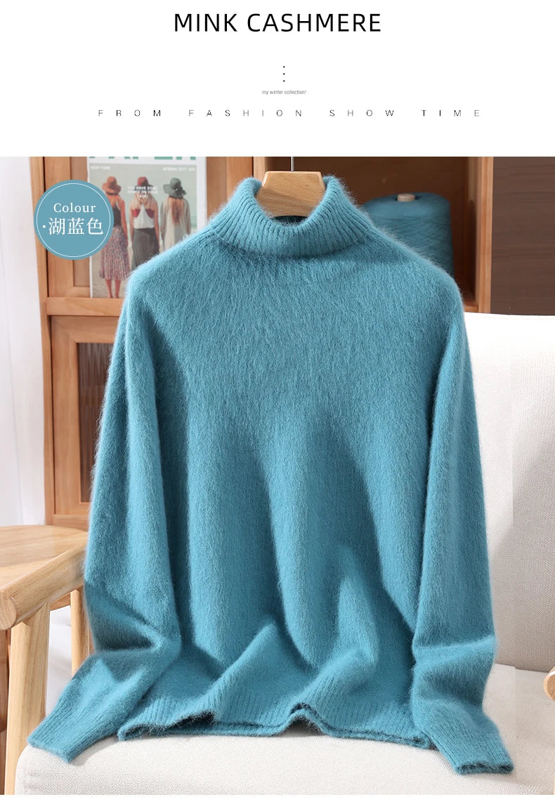 Mink Fur High Collar Pullover Sweater for Women