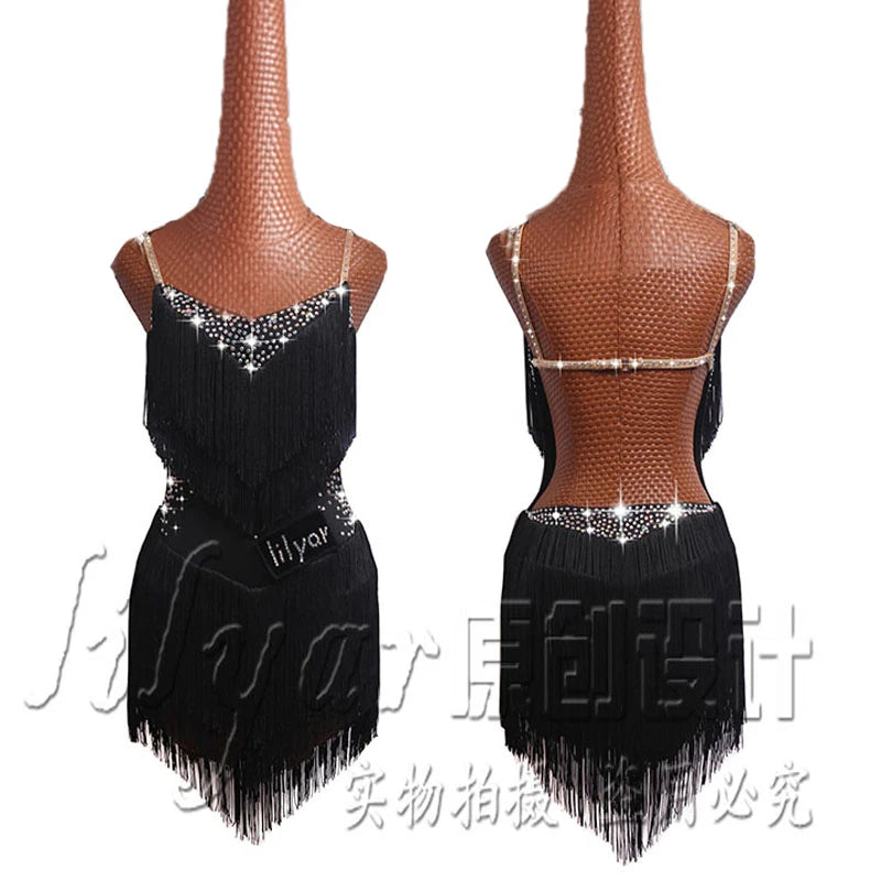 Latin Dance Dress with Rhinestones and Tassels in Red and White