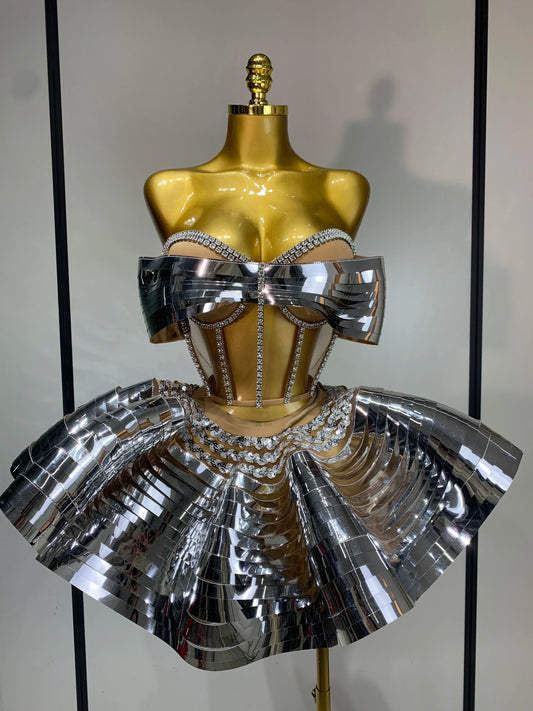 Women Silver Sequins Two Piece Stage Costume
