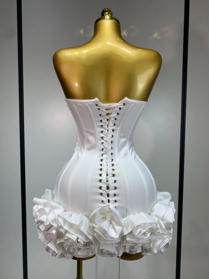 Women Strapless Backless Flower Embellished Mini Dress