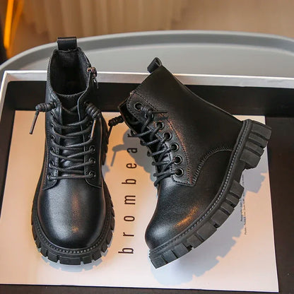 Girls Black Leather Ankle Boots with Thick Sole