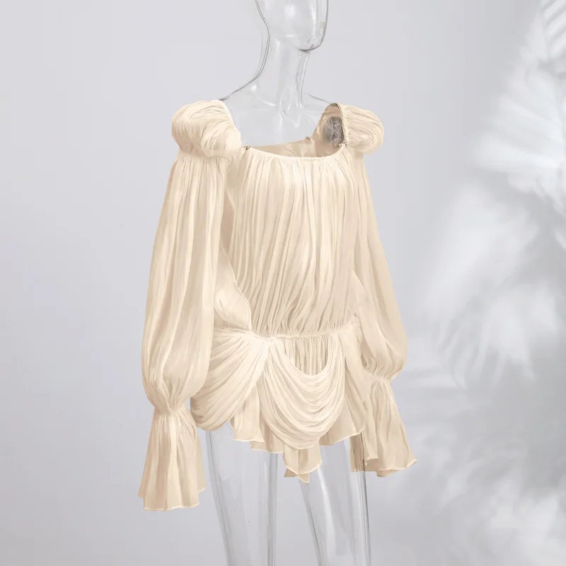 Satin Off Shoulder Pleated Mini Dress with Puff Sleeves