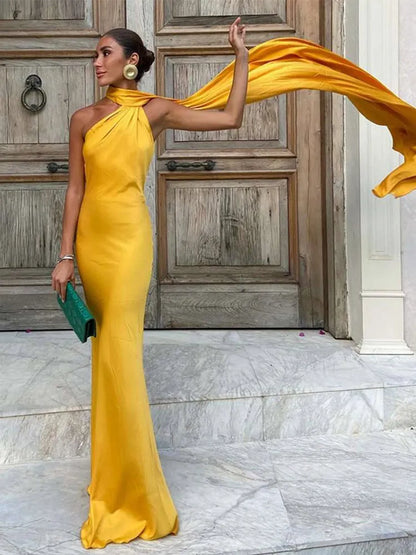 Elegant Halter Dress Women Solid Backless Maxi Dress