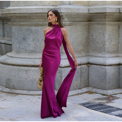 Elegant Halter Dress Women Solid Backless Maxi Dress