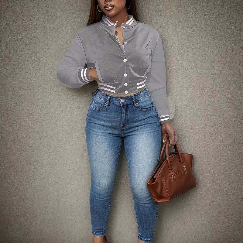 Women's Pure Color Single Breasted Baseball Jacket