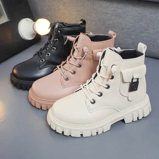 Girls PU Leather Ankle Boots with Anti-slip Sole