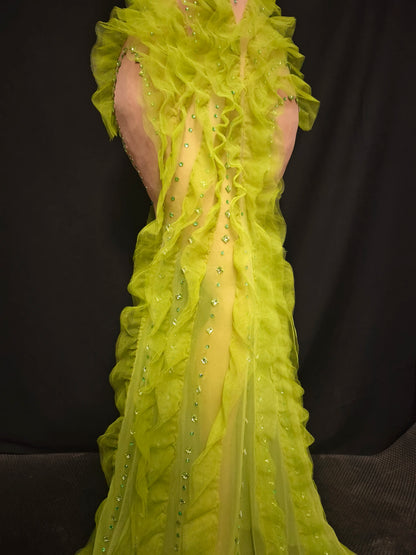 Elegant Green Rhinestones Mesh Maxi Dress