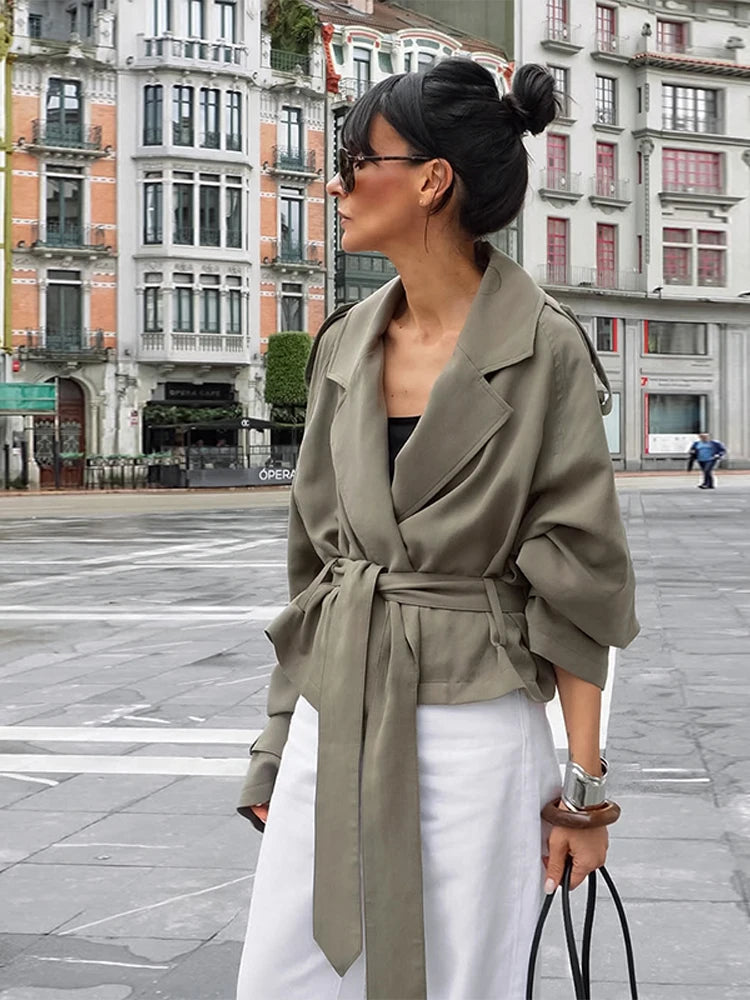 Lapel Lace Up Trench Coat Women Casual Long Sleeve
