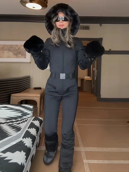 Faux Fur Hooded Women's Ski Jumpsuit with Zippers