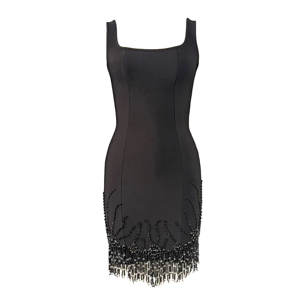 Women Sleeveless Bandage Dress with Beading and Tassels