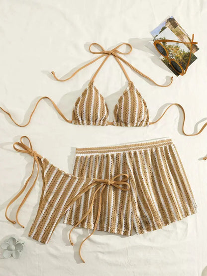 Mesh Three-Piece Women's Swimsuit with Lace-Up Detail