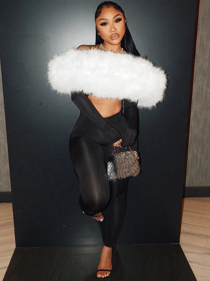 Furry Slash Neck Jumpsuit Women Polyester Elastane
