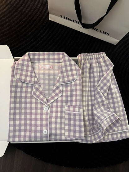 Japanese Minimalist Women's Pink Plaid Pajamas