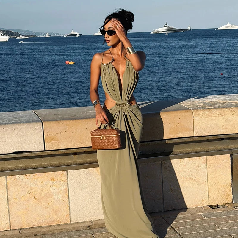Backless Halter Dress for Women in Solid Polyester