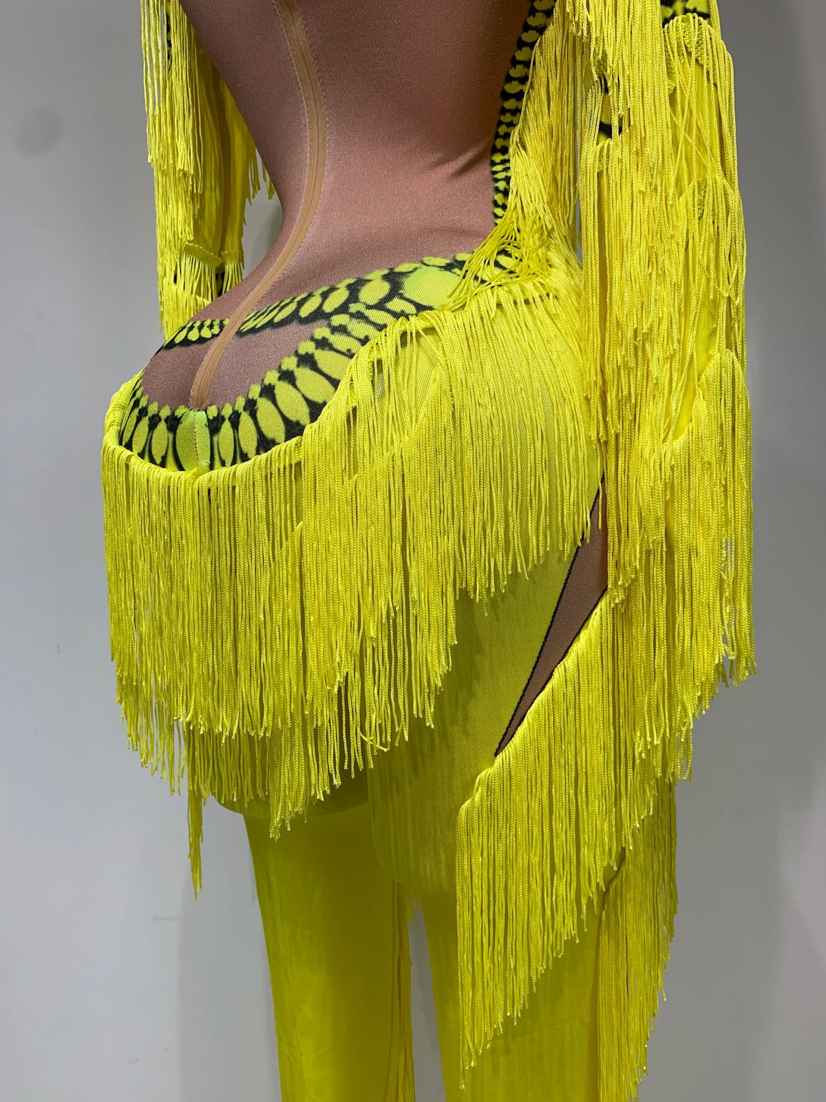 Yellow Polyester Bodycon Jumpsuit with Tassels