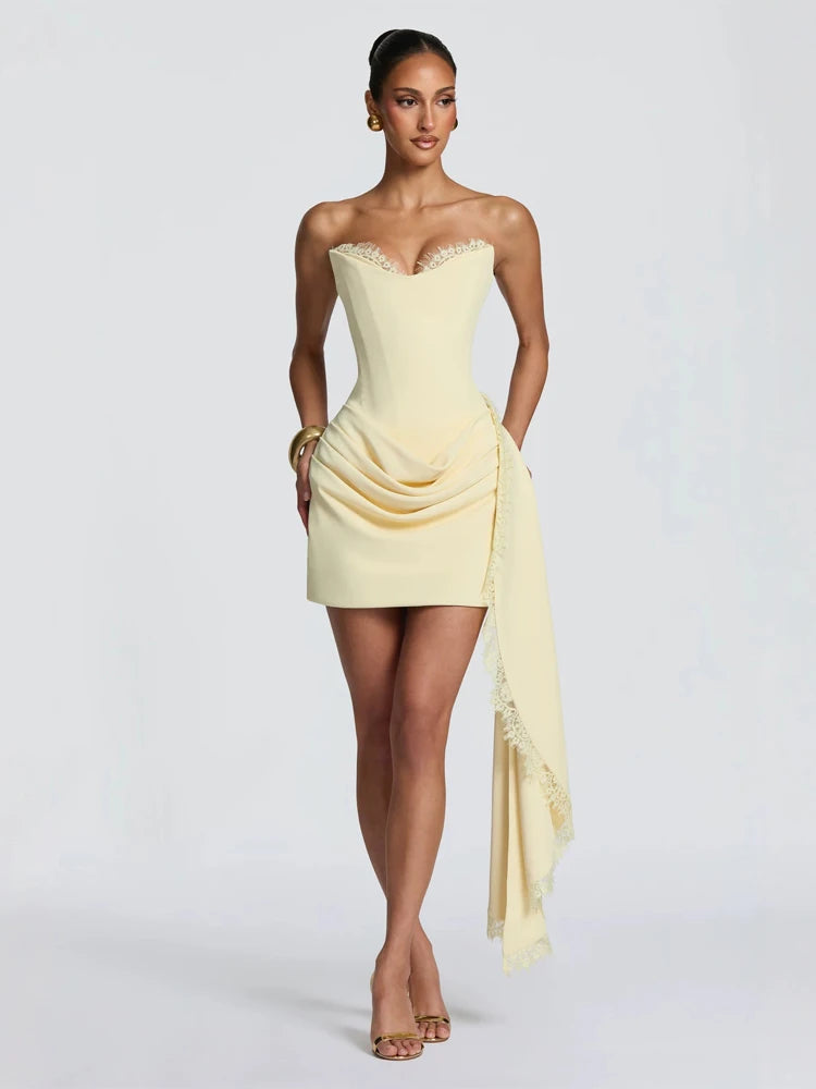 Women Strapless Lace Trim Bodycon Dress