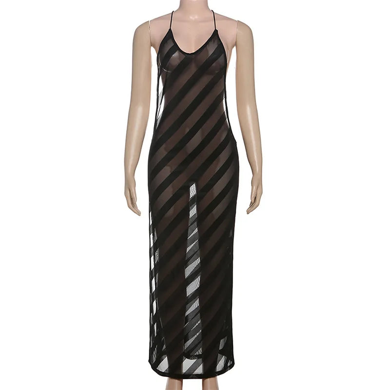 Mesh See Through Halter Maxi Dress for Women