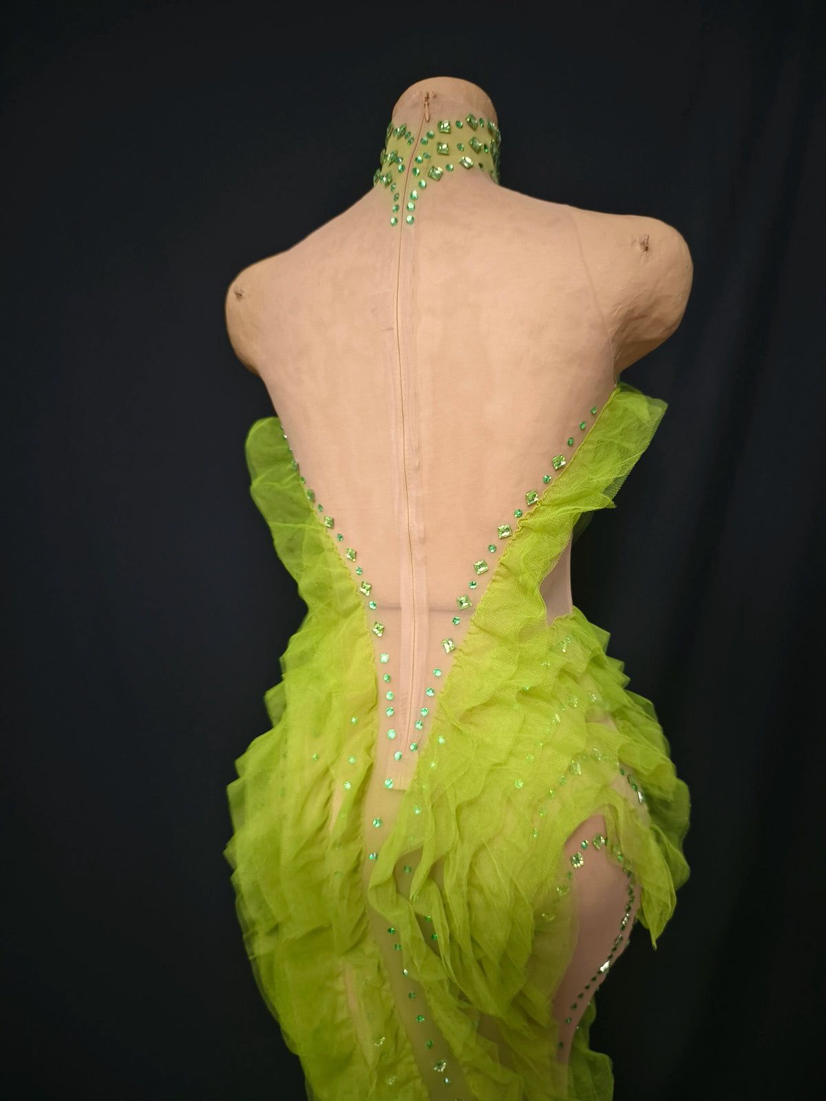 Elegant Green Rhinestones Mesh Maxi Dress