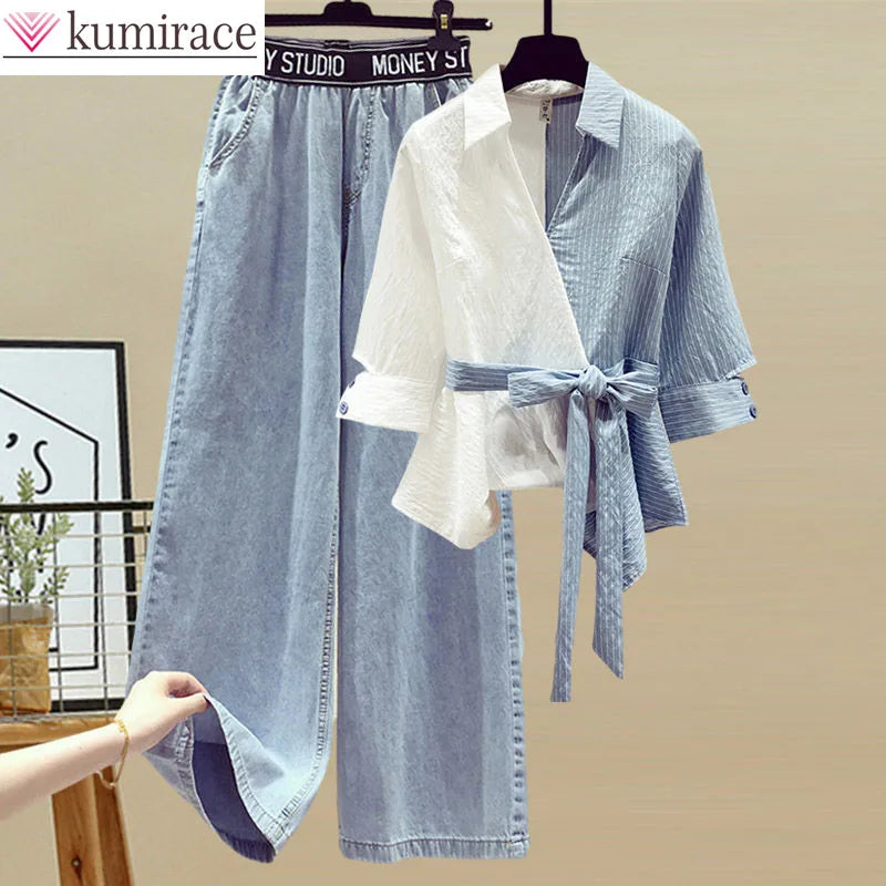 Chiffon Shirt and Jeans Two Piece Set for Women