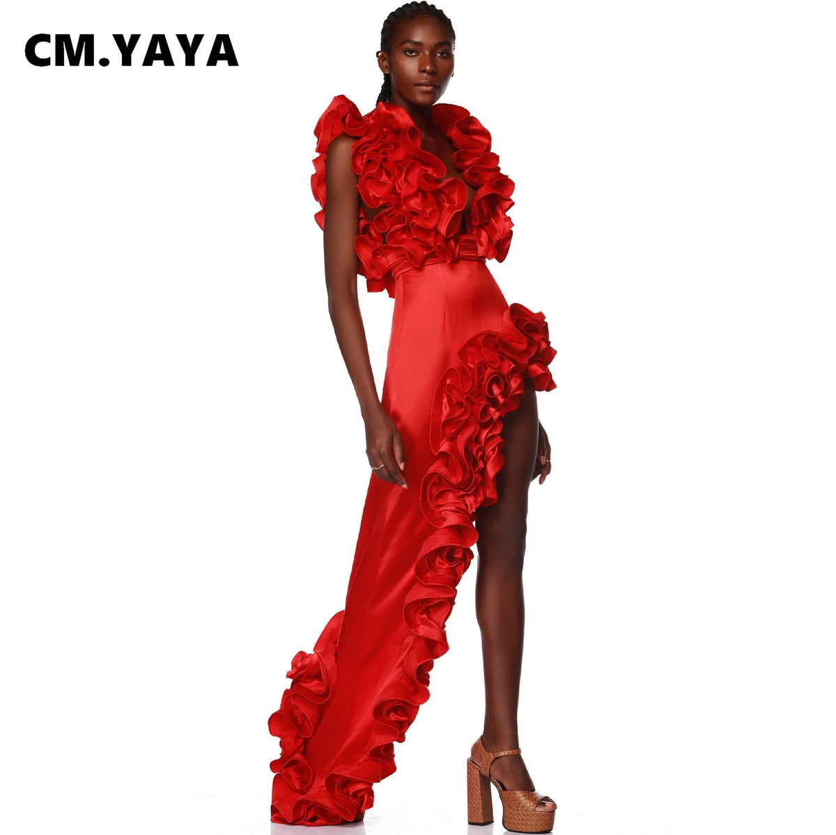 CM.YAYA Women Ruffled Asymmetrical V-Neck Bodysuit and Long Skirt Set