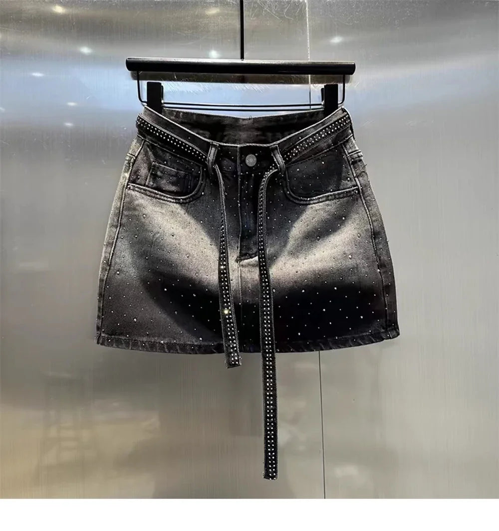 Oversize Diamond Denim Mini Skirt Women Gradient Black Grey