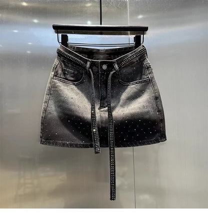 Oversize Diamond Denim Mini Skirt Women Gradient Black Grey
