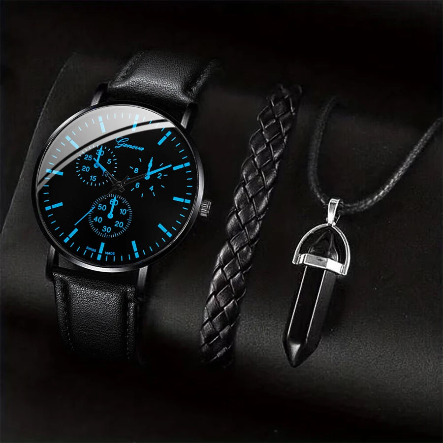 Men's Quartz Watch Set with Leather Band and Accessories