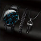 Men's Quartz Watch Set with Leather Band and Accessories