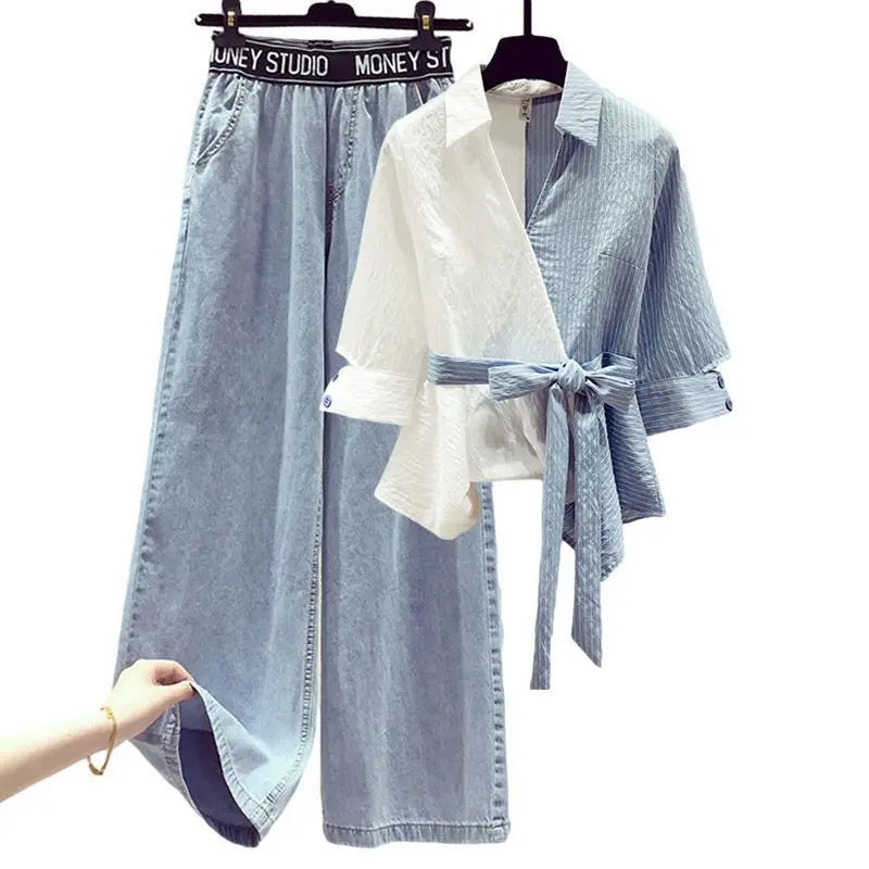 Chiffon Shirt and Jeans Two Piece Set for Women