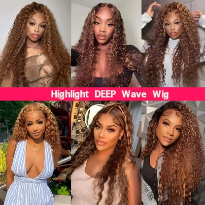 Deep Wave Human Hair Wig Honey Blonde Highlight 5x5 Lace Closure