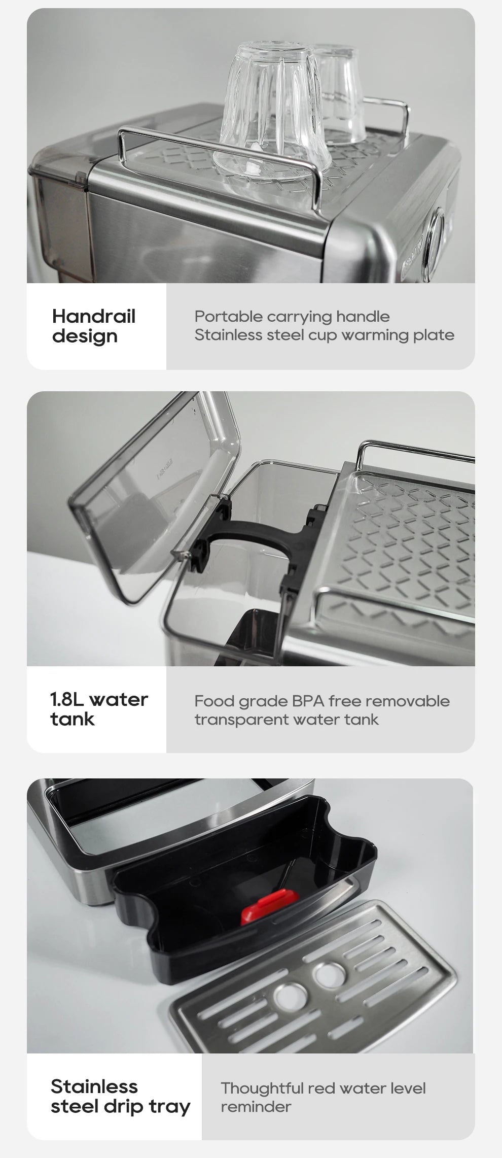 HiBREW 20Bar Semi Automatic Espresso Machine Stainless Steel