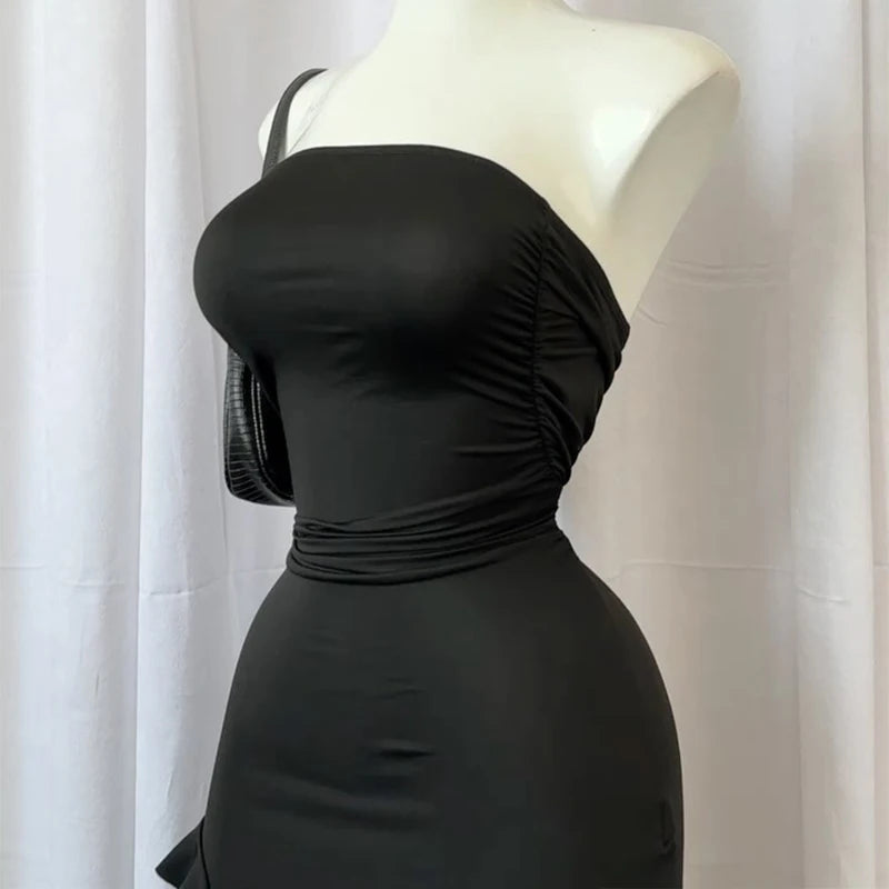 Women Strapless Floral High Slit Mini Dress Black Pink