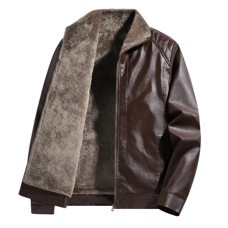 Men's Faux Leather Biker Jacket with Fleece Lining