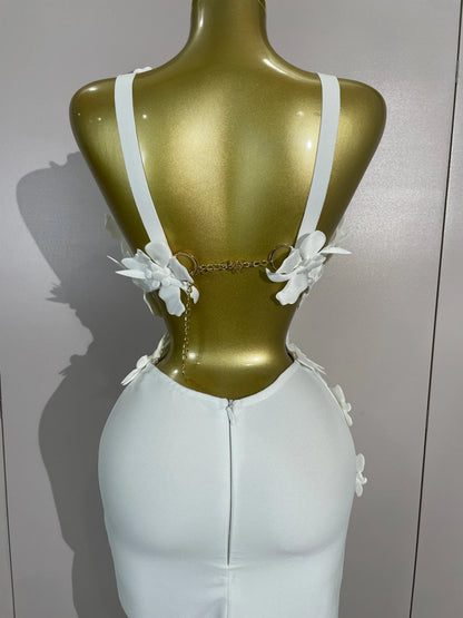 Women White Flowers V-Neck Bodycon Dress Set