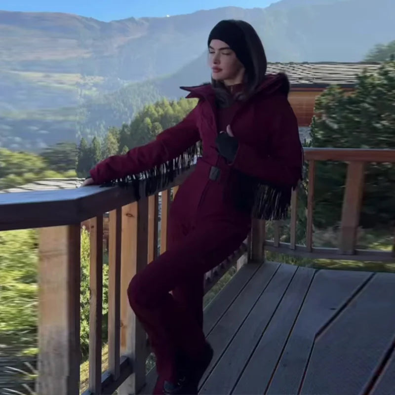 Women's Ski Suit with Fur Hood and Zippers
