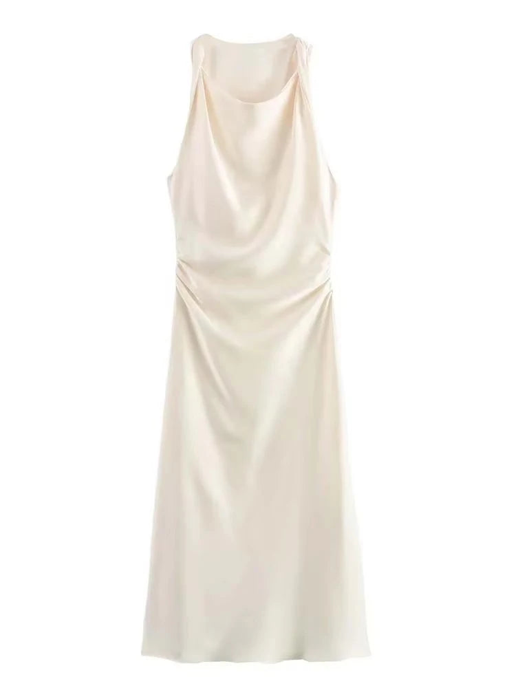 Satin Midi Dress for Women Sleeveless Elegant Evening Dress