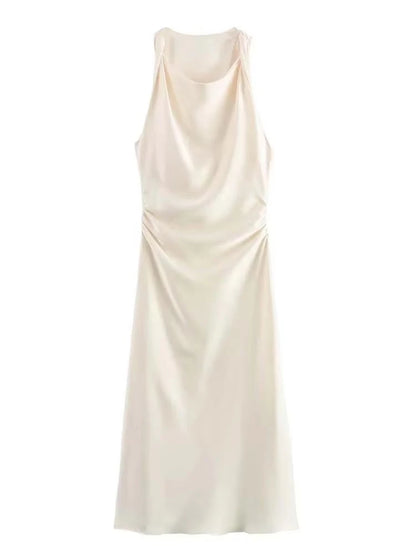 Satin Midi Dress for Women Sleeveless Elegant Evening Dress