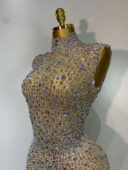 Gold Rhinestone Sleeveless Long Dress for Women