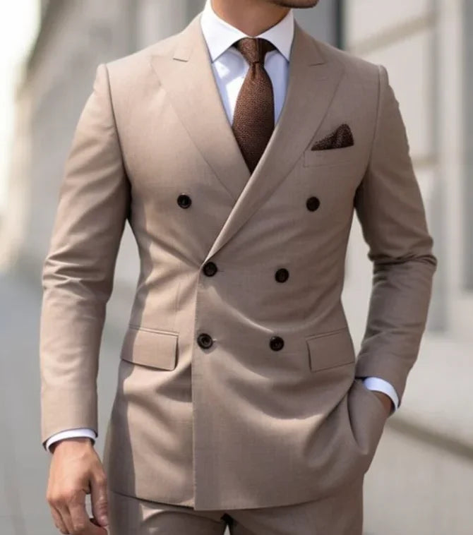 Brown Men's Slim Fit Double Breasted Suit Blazer