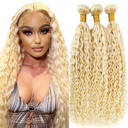 613 Blonde Deep Wave Human Hair Bundles 28 30 32 Inch