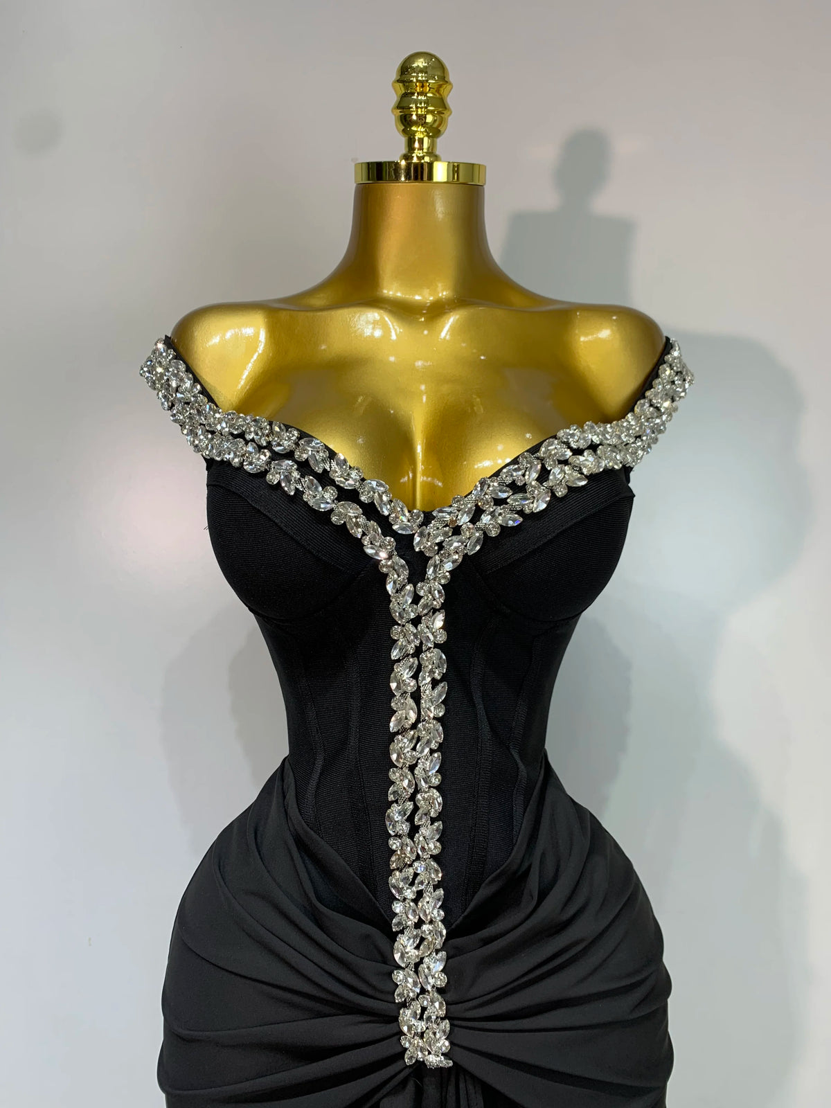 Black Off Shoulder Bodycon Dress with Diamonds