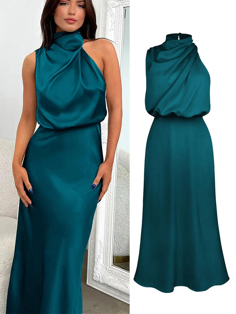 Elegant Silk Satin Sleeveless Long Dress for Women