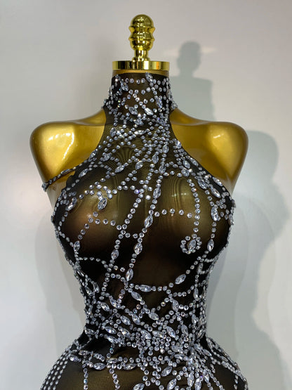 Black Mesh Crystal Diamond Bodycon Dress for Women