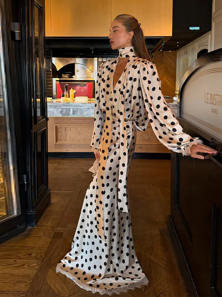 Elegant Satin Polka Dot Maxi Dress for Women