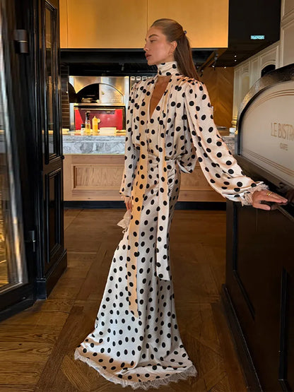 Elegant Satin Polka Dot Maxi Dress for Women